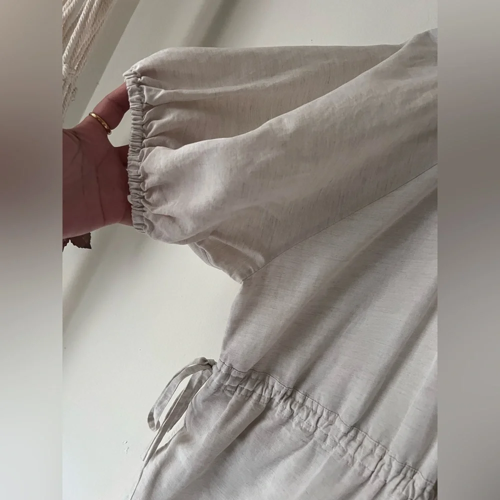 COS Puff-Sleeve Linen Blend Oversized Wide Leg Jumpsuit Sz L/XL Light Beige